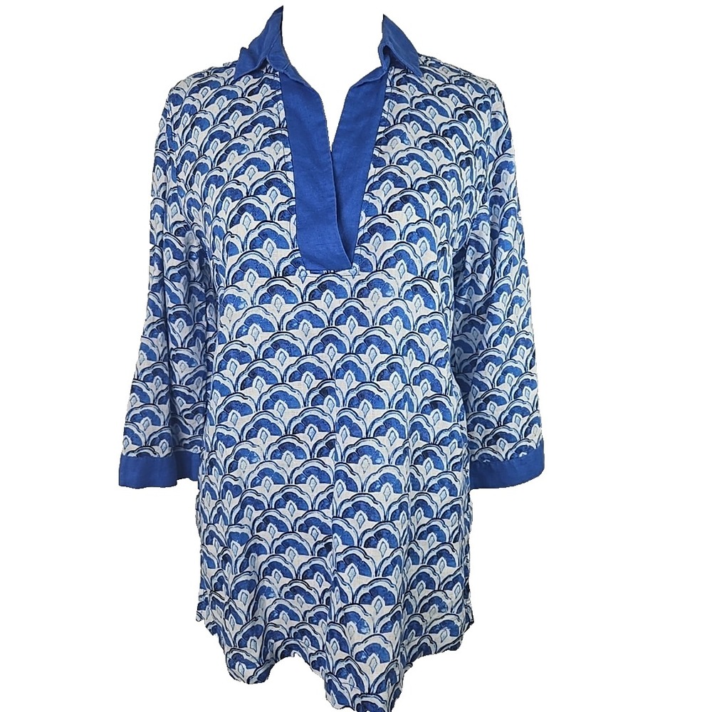 Sigrid Olsen Linen 3/4 Sleeve Tunic Top Blue White Print Size Small S